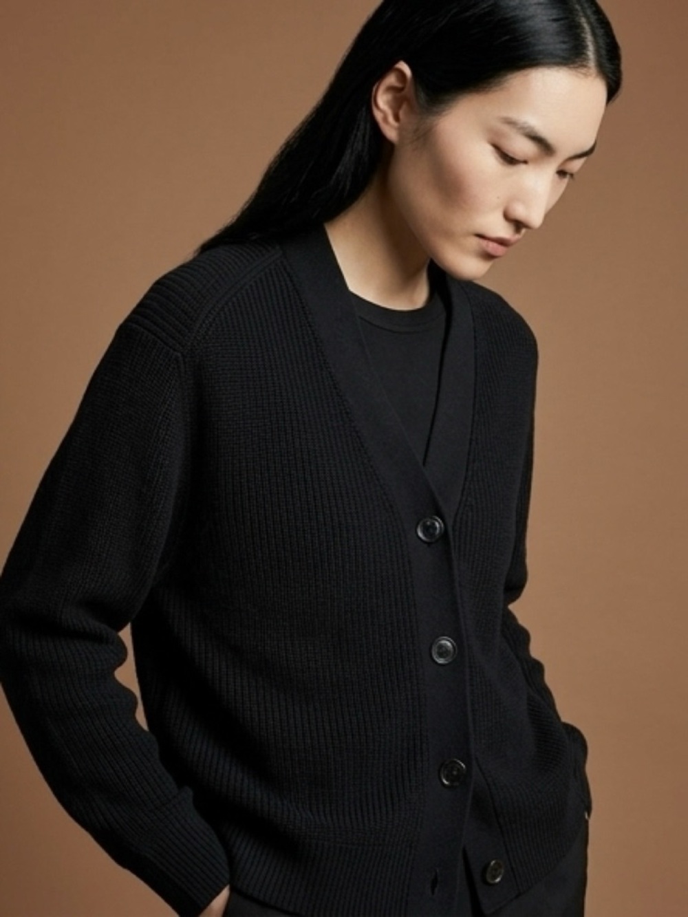 Uniqlo Black Rib-Knit V-Neck Cardigan Sweater